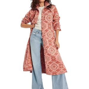 imagechouyatou Womens Boho Floral Button Down Denim Jacket Boyfriend Midi Long Jean Trench Coat OvercoatPink