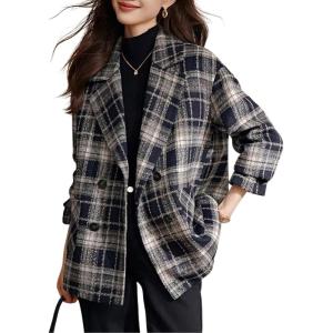 imagechouyatou Womens Business Casual Wool Blazer Jacket Coat Notched Collar Double Breasted Plaid Pea CoatDark Blue