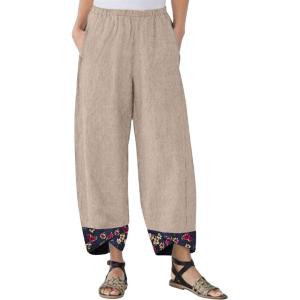 imagechouyatou Womens Floral Printed Cotton Linen Crop Pants Baggy Elastic Waist Wide Leg Palazzo TrousersApricot