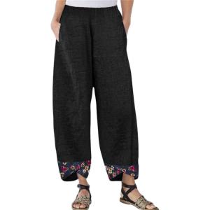 imagechouyatou Womens Floral Printed Cotton Linen Crop Pants Baggy Elastic Waist Wide Leg Palazzo TrousersBlack
