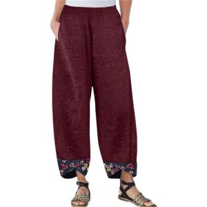 imagechouyatou Womens Floral Printed Cotton Linen Crop Pants Baggy Elastic Waist Wide Leg Palazzo TrousersBurgundy