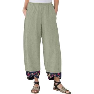 imagechouyatou Womens Floral Printed Cotton Linen Crop Pants Baggy Elastic Waist Wide Leg Palazzo TrousersGreen