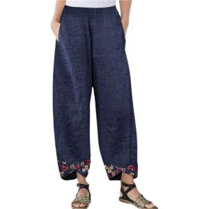 imagechouyatou Womens Floral Printed Cotton Linen Crop Pants Baggy Elastic Waist Wide Leg Palazzo TrousersNavy Blue