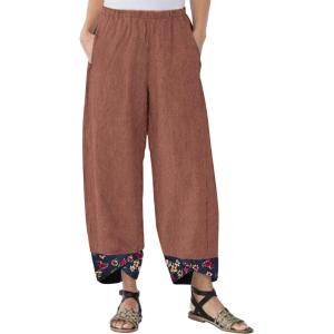 imagechouyatou Womens Floral Printed Cotton Linen Crop Pants Baggy Elastic Waist Wide Leg Palazzo TrousersOrange