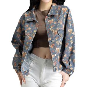 imagechouyatou Womens Vintage Floral Button Down Denim Jacket Y2k Boyfriend Casual Jean Trucker JacketBlue