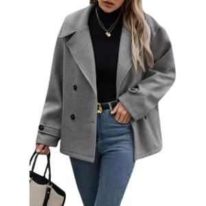 imagechouyatou Womens Winter Loose Fit Cropped Wool Coat Double Breasted Dressy Short Blazer Jacket PeacoatDark Grey