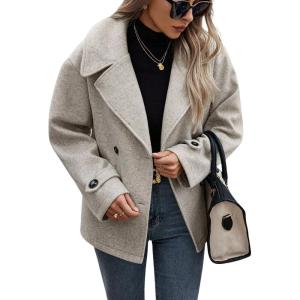 imagechouyatou Womens Winter Loose Fit Cropped Wool Coat Double Breasted Dressy Short Blazer Jacket PeacoatLight Grey