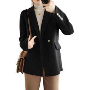 imagechouyatou Womens Winter Wool Coat Double Breasted Business Casual Blazer Jacket Mid Long PeacoatBlack