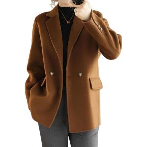 imagechouyatou Womens Winter Wool Coat Double Breasted Business Casual Blazer Jacket Mid Long PeacoatBrown