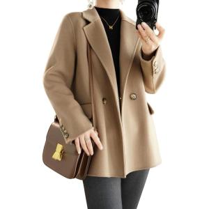 imagechouyatou Womens Winter Wool Coat Double Breasted Business Casual Blazer Jacket Mid Long PeacoatKhaki
