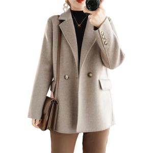 imagechouyatou Womens Winter Wool Coat Double Breasted Business Casual Blazer Jacket Mid Long PeacoatOatmeal