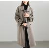 imagechouyatou Womens Winter Wool Trench Coat Button Down Business Casual Turn Down Collar Midi Long OvercoatGrey