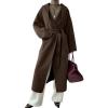 imagechouyatou Womens Winter Open Front Belted Wool Coat Casual Loose Hooded Midi Long Winter Pea CoatCoffee