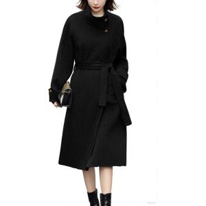 imagechouyatou Womens 2025 Elegant Fall Winter Wool Coat Business Casual Midi Long Belted Pea Coat OvercoatBlack