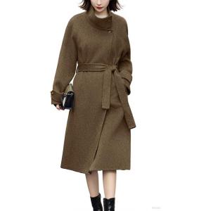 imagechouyatou Womens 2025 Elegant Fall Winter Wool Coat Business Casual Midi Long Belted Pea Coat OvercoatBrown