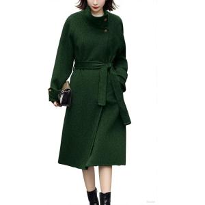 imagechouyatou Womens 2025 Elegant Fall Winter Wool Coat Business Casual Midi Long Belted Pea Coat OvercoatGreen