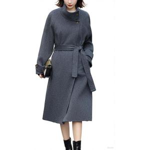 imagechouyatou Womens 2025 Elegant Fall Winter Wool Coat Business Casual Midi Long Belted Pea Coat OvercoatGrey