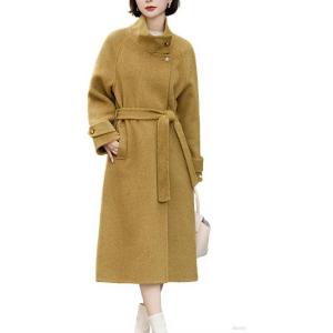 imagechouyatou Womens 2025 Elegant Fall Winter Wool Coat Business Casual Midi Long Belted Pea Coat OvercoatYellow