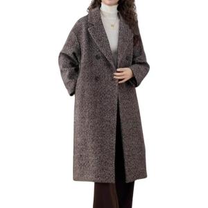 imagechouyatou Womens Winter Herringbone Stripe Long Wool Coat Double Breasted Dressy Casual Trench Coat OvercoatBrown