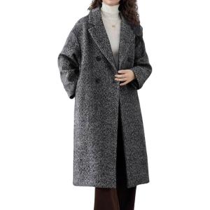 imagechouyatou Womens Winter Herringbone Stripe Long Wool Coat Double Breasted Dressy Casual Trench Coat OvercoatDark Grey