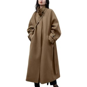 imagechouyatou Womens Winter Hidden Single Breasted Wool Coat Raglan Sleeve Business Long Wool OvercoatBrown