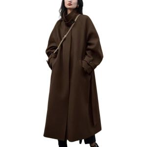 imagechouyatou Womens Winter Hidden Single Breasted Wool Coat Raglan Sleeve Business Long Wool OvercoatCoffee