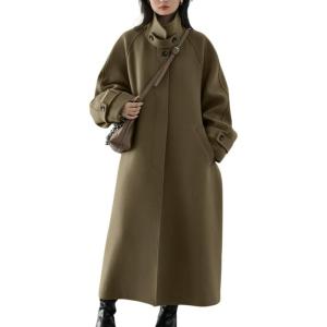 imagechouyatou Womens Winter Hidden Single Breasted Wool Coat Raglan Sleeve Business Long Wool OvercoatDark Khaki