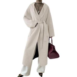imagechouyatou Womens Winter Open Front Belted Wool Coat Casual Loose Hooded Midi Long Winter Pea CoatBeige Apricot