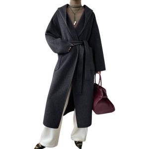 imagechouyatou Womens Winter Open Front Belted Wool Coat Casual Loose Hooded Midi Long Winter Pea CoatBlack