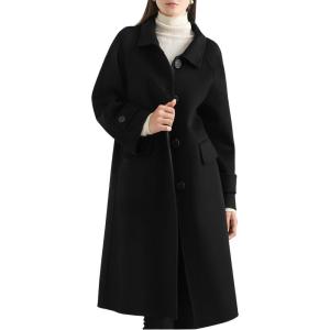 imagechouyatou Womens Winter Wool Trench Coat Button Down Business Casual Turn Down Collar Midi Long OvercoatBlack