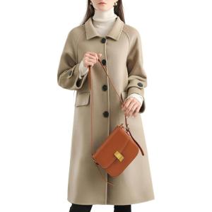 imagechouyatou Womens Winter Wool Trench Coat Button Down Business Casual Turn Down Collar Midi Long OvercoatKhaki