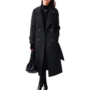 imagechouyatou Womens Winter Belted Wool Coat Double Breasted Midi Long Casual Trench Dressy PeacoatBlack