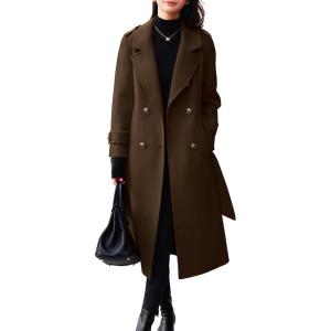 imagechouyatou Womens Winter Belted Wool Coat Double Breasted Midi Long Casual Trench Dressy PeacoatCoffee