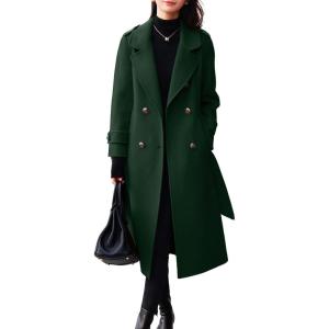 imagechouyatou Womens Winter Belted Wool Coat Double Breasted Midi Long Casual Trench Dressy PeacoatGreen