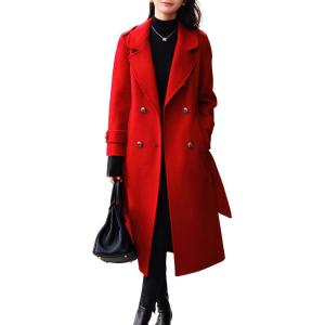 imagechouyatou Womens Winter Belted Wool Coat Double Breasted Midi Long Casual Trench Dressy PeacoatRed