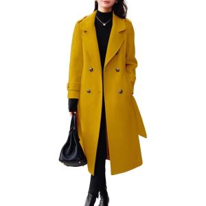 imagechouyatou Womens Winter Belted Wool Coat Double Breasted Midi Long Casual Trench Dressy PeacoatYellow