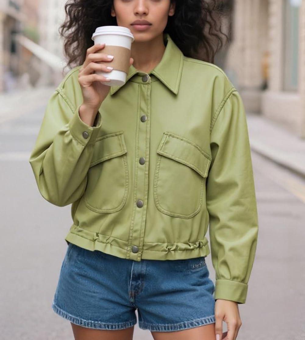 imagechouyatou Women 2025 Casual Faux Leather Motorcycle Jacket Oversized Cropped Fall Leather Jacket OuterwearGreen