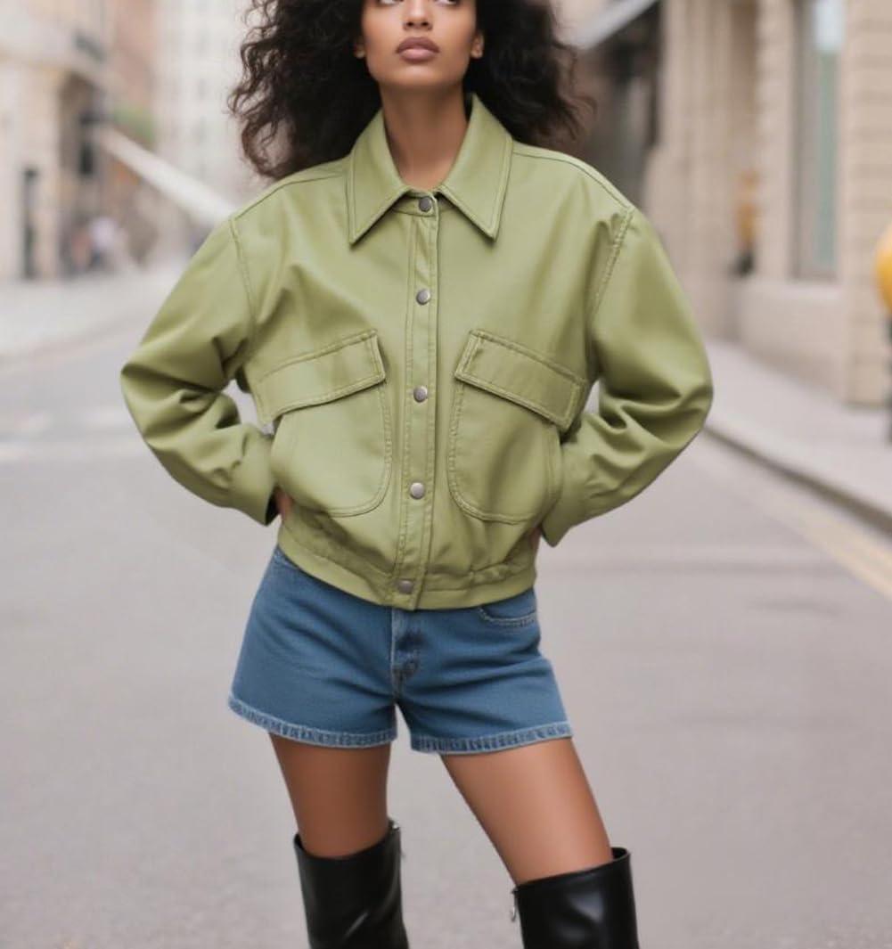 imagechouyatou Women 2025 Casual Faux Leather Motorcycle Jacket Oversized Cropped Fall Leather Jacket OuterwearGreen