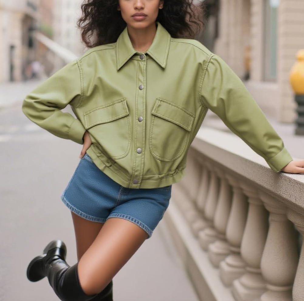 imagechouyatou Women 2025 Casual Faux Leather Motorcycle Jacket Oversized Cropped Fall Leather Jacket OuterwearGreen