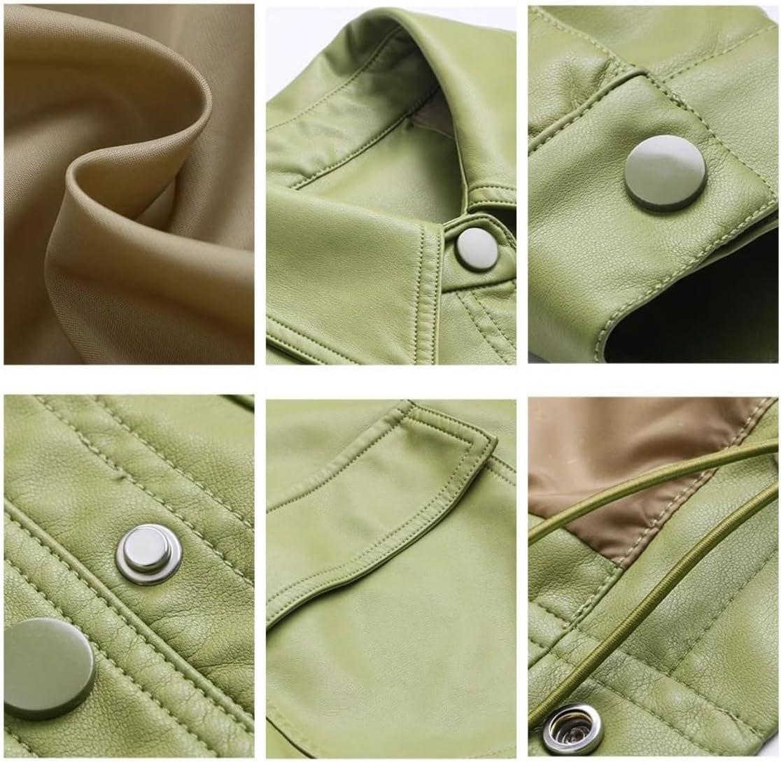 imagechouyatou Women 2025 Casual Faux Leather Motorcycle Jacket Oversized Cropped Fall Leather Jacket OuterwearGreen