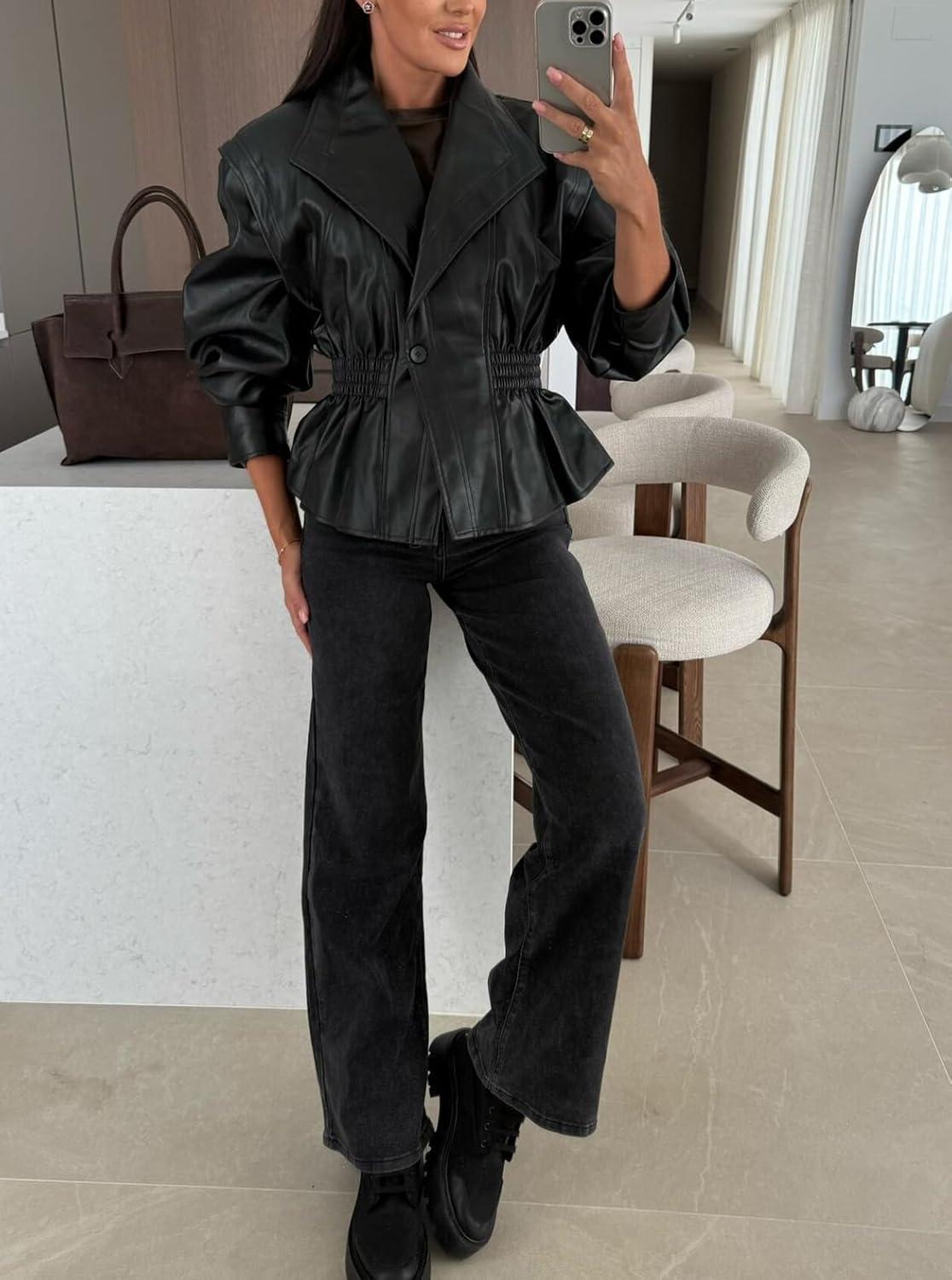 imagechouyatou Women 2025 Fall Shawl Collar Peplum Faux Leather Jacket Trendy Moto Dressy Casual Winter CoatsBlack