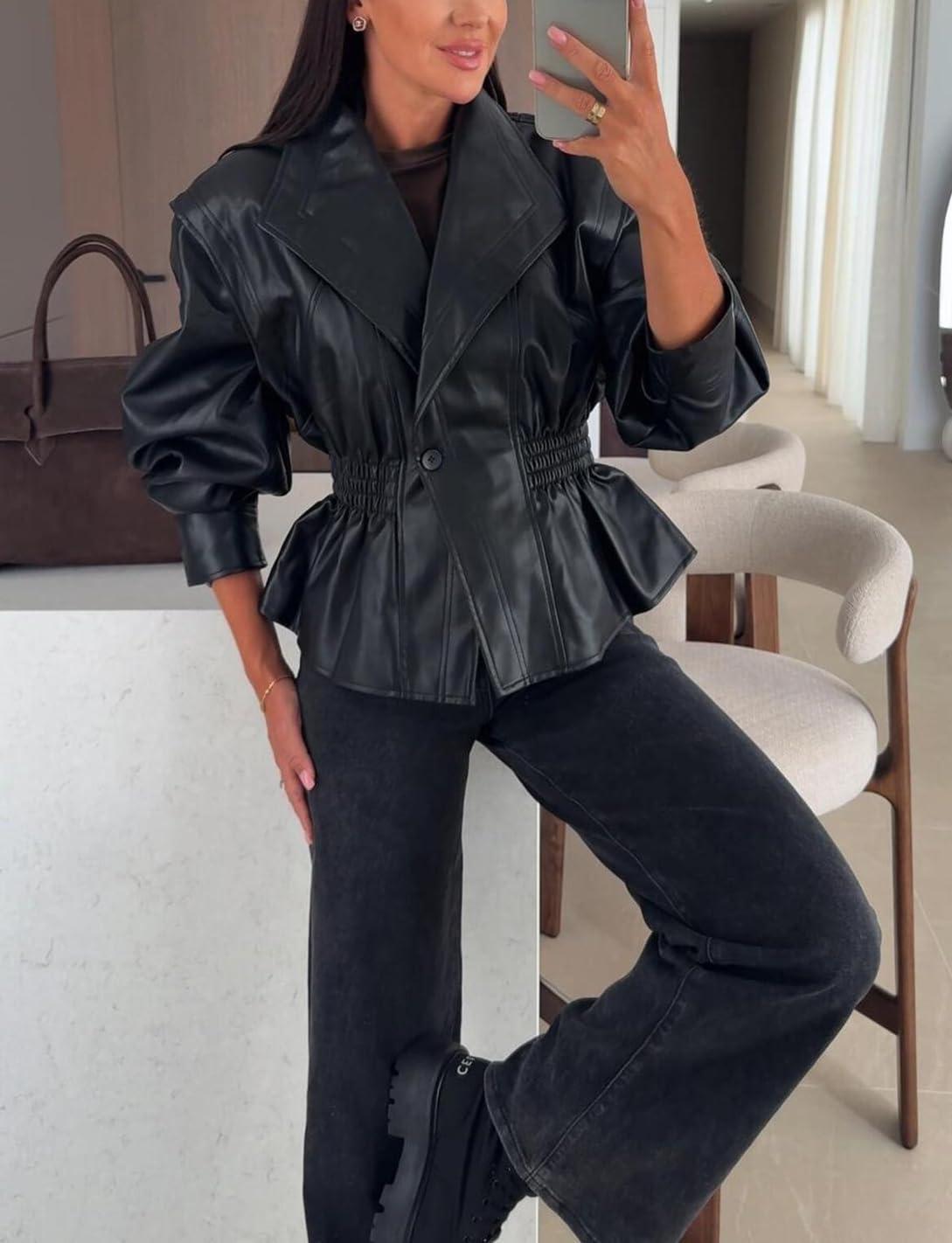 imagechouyatou Women 2025 Fall Shawl Collar Peplum Faux Leather Jacket Trendy Moto Dressy Casual Winter CoatsBlack