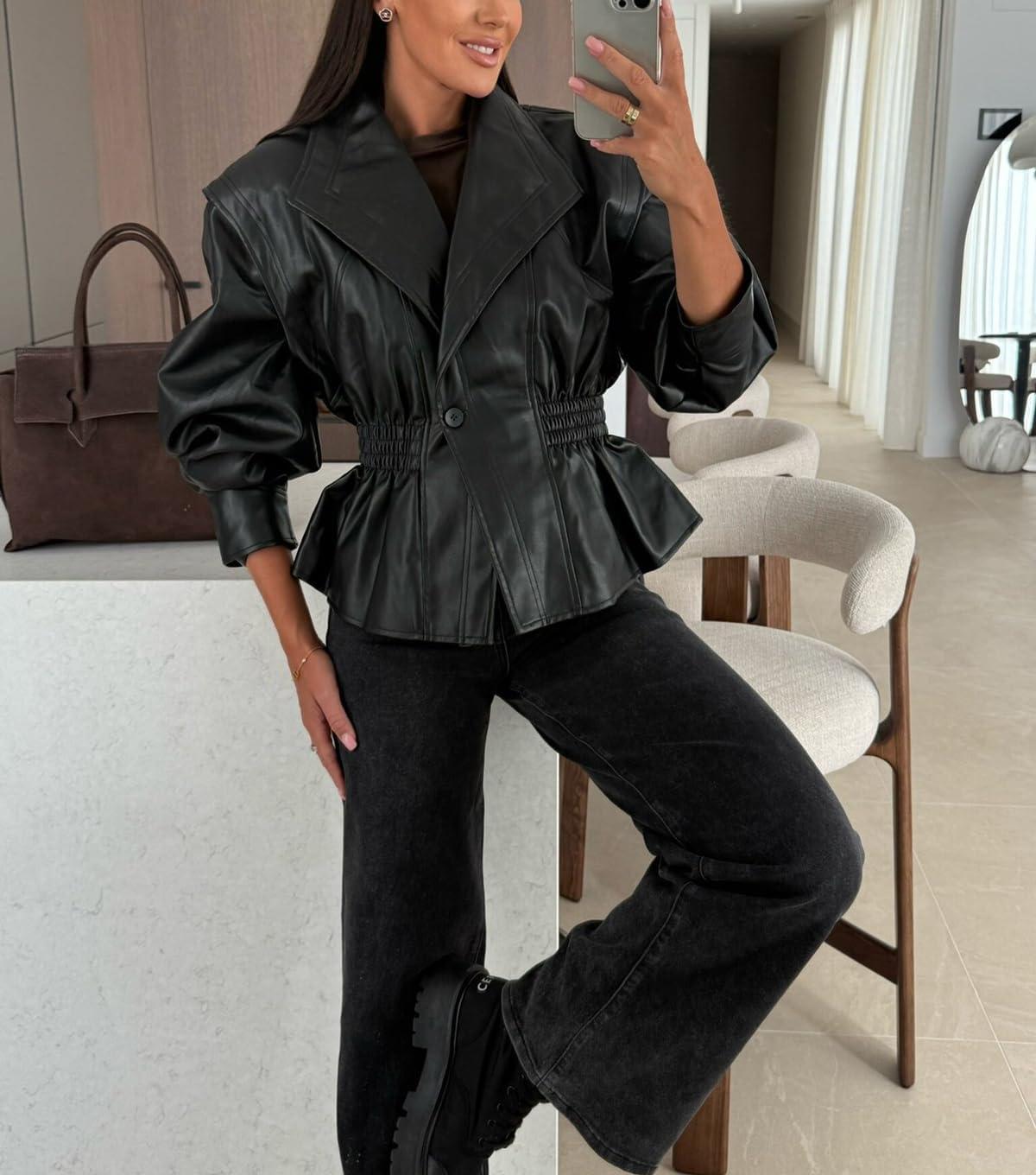 imagechouyatou Women 2025 Fall Shawl Collar Peplum Faux Leather Jacket Trendy Moto Dressy Casual Winter CoatsBlack