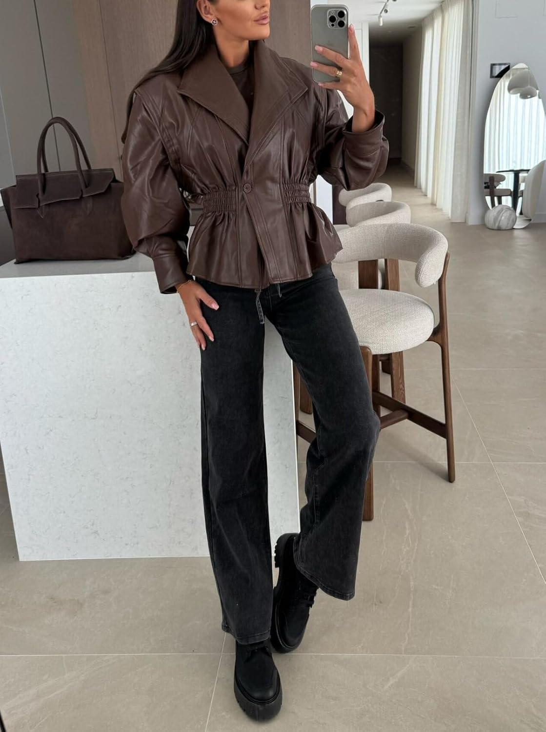 imagechouyatou Women 2025 Fall Shawl Collar Peplum Faux Leather Jacket Trendy Moto Dressy Casual Winter CoatsBrown