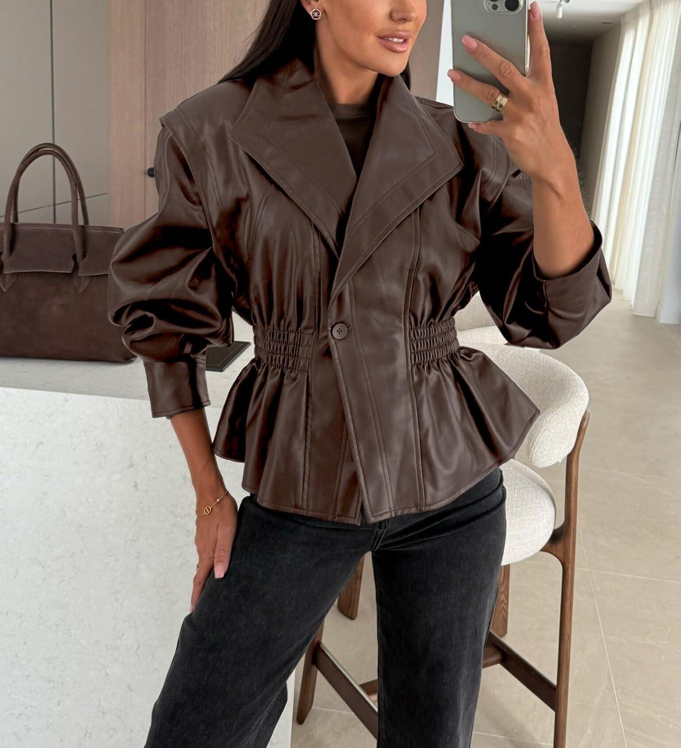 imagechouyatou Women 2025 Fall Shawl Collar Peplum Faux Leather Jacket Trendy Moto Dressy Casual Winter CoatsBrown