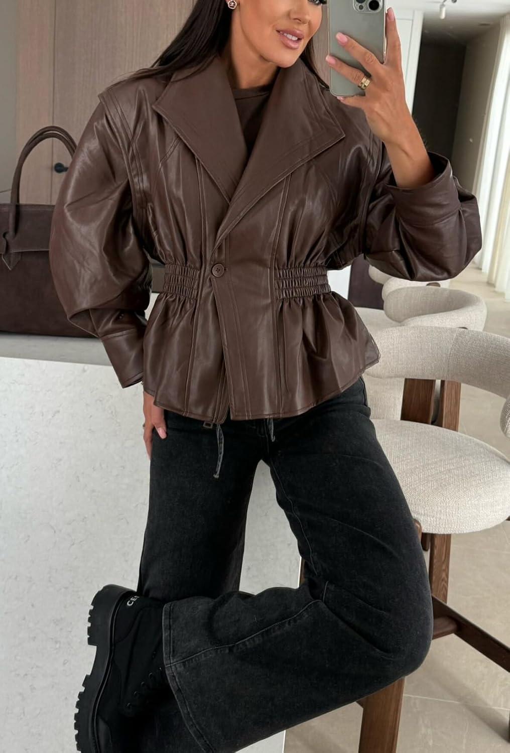 imagechouyatou Women 2025 Fall Shawl Collar Peplum Faux Leather Jacket Trendy Moto Dressy Casual Winter CoatsBrown