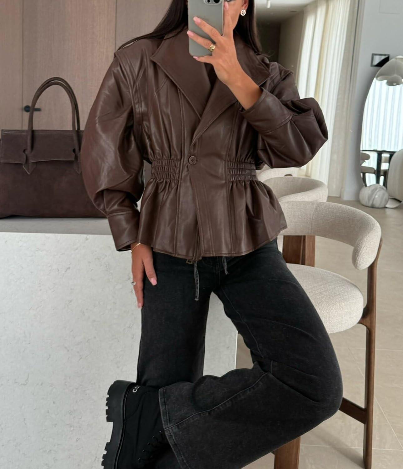 imagechouyatou Women 2025 Fall Shawl Collar Peplum Faux Leather Jacket Trendy Moto Dressy Casual Winter CoatsBrown