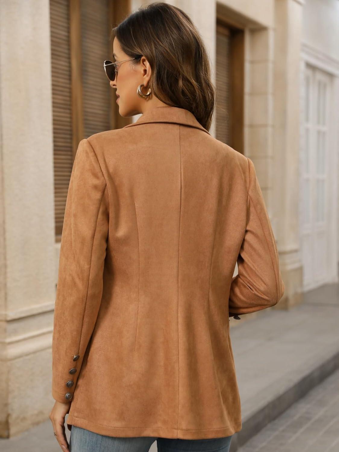 imagechouyatou Women Faux Suede Leather Jacket Suit Business Casual Dress Button Down Notch Collar Blazer CoatBrown