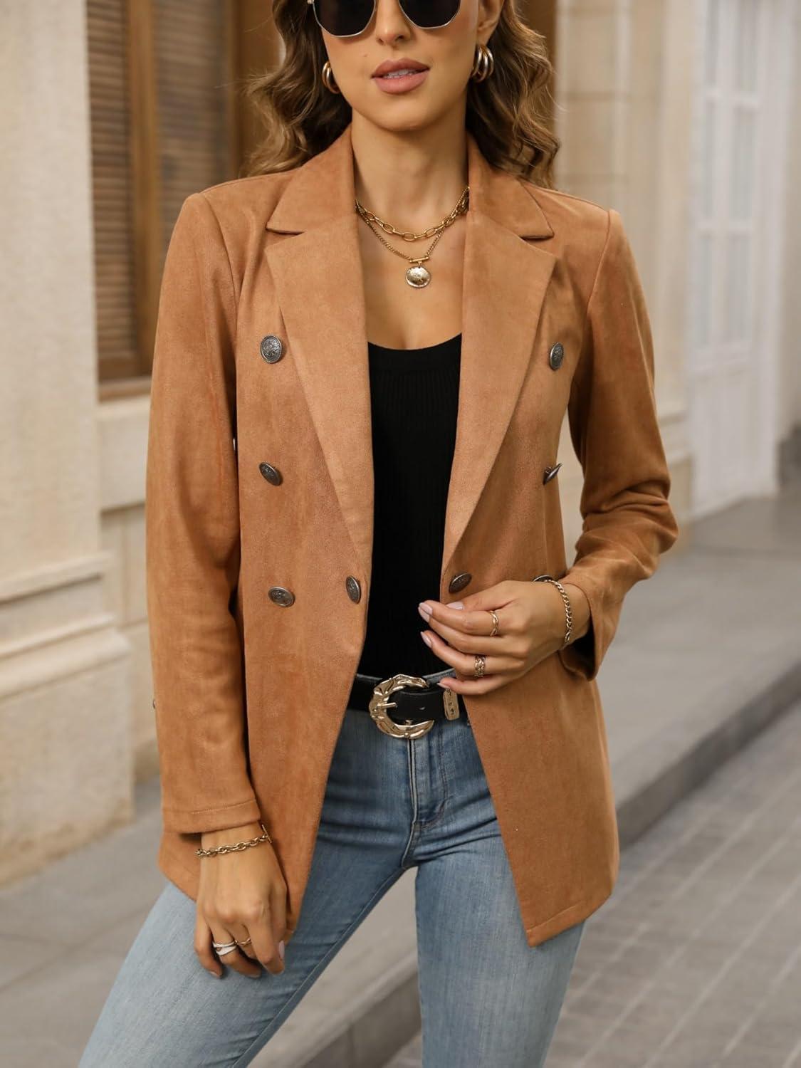 imagechouyatou Women Faux Suede Leather Jacket Suit Business Casual Dress Button Down Notch Collar Blazer CoatBrown