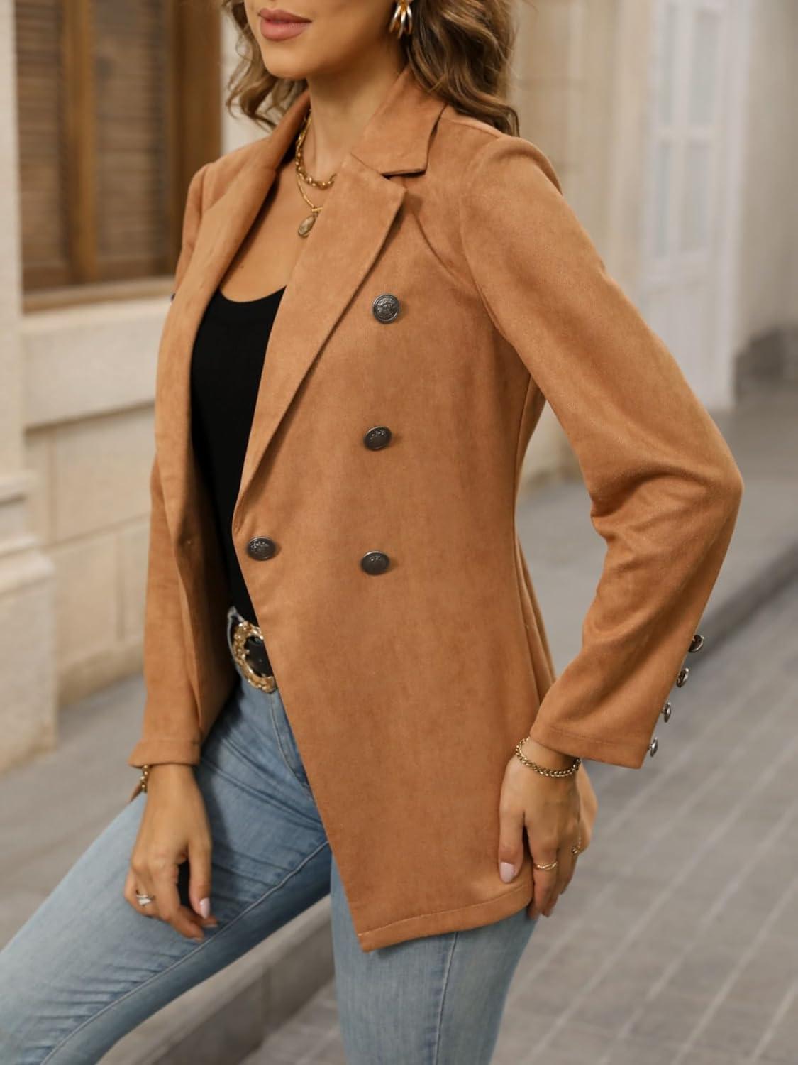 imagechouyatou Women Faux Suede Leather Jacket Suit Business Casual Dress Button Down Notch Collar Blazer CoatBrown
